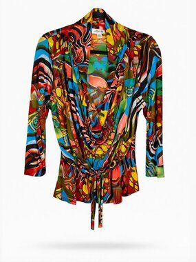 Tulip Colorful Abstract Print Drape Front Tie Top Size M Artsy Boho Blouse